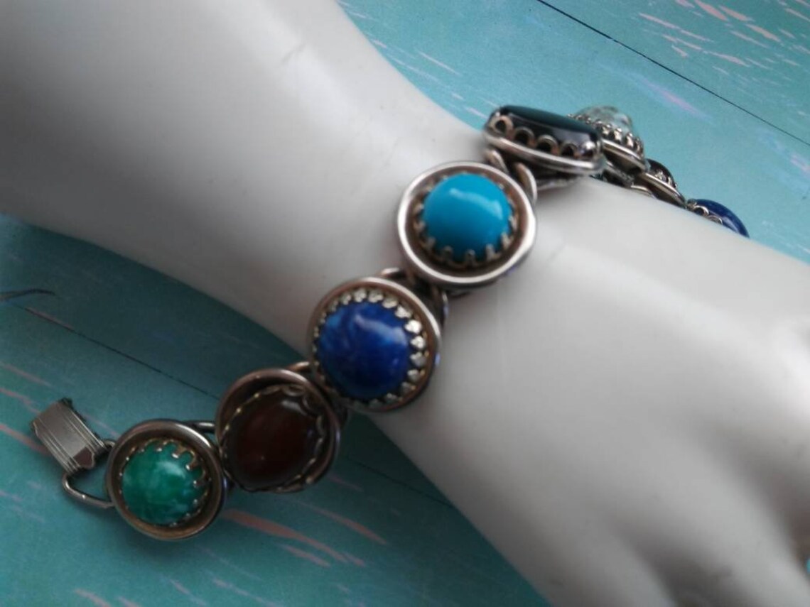 Colorful vintage glass stone bracelet chunky Aqua black blue Etsy