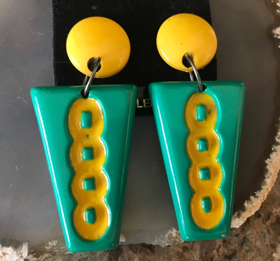 Large yellow green dangle earrings, 1960s 1970s c… - image 2