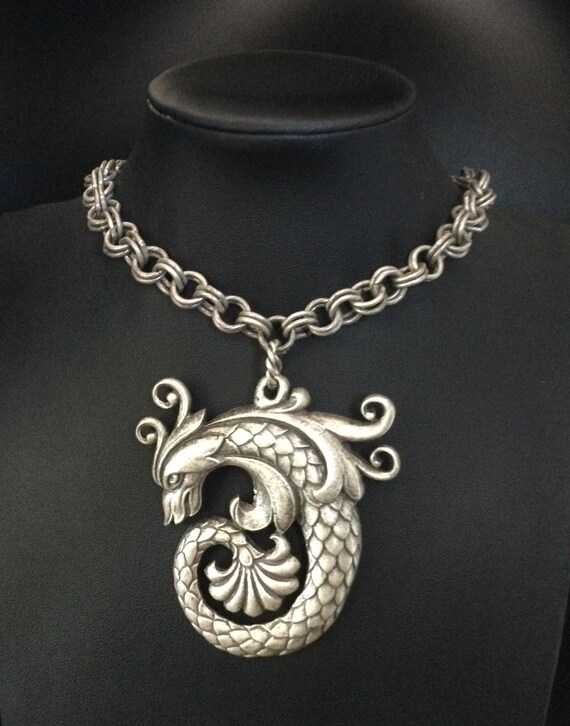 Sweet Romance USA Vintage Silvertone Statement Dragon Pendant Necklace