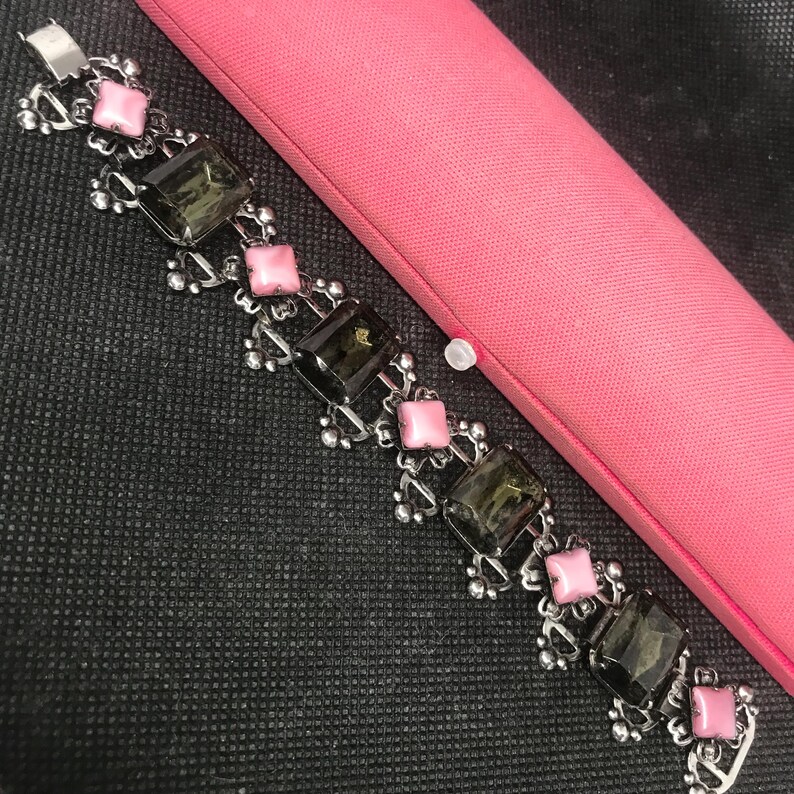 Delicate Book Chain Book Chain Vintage Pink, Black Glass Cabochon Chunky Art Deco Mid ...