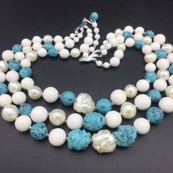 Vintage aqua and white triple strand signed Japan 