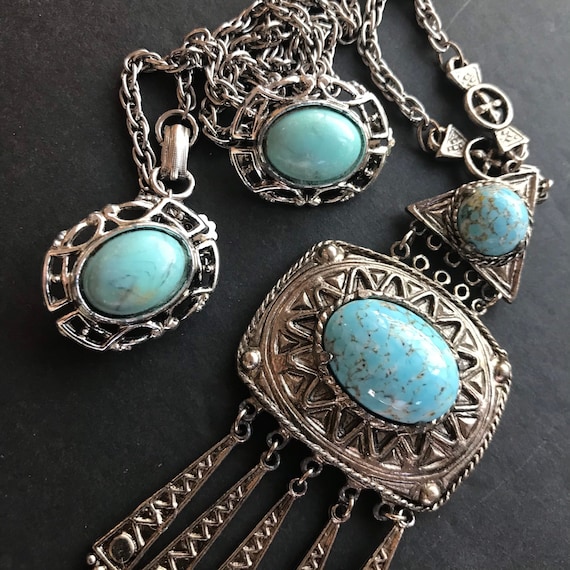 Very Pretty FAUX Turquoise Dangle Tassel 1960s Pendant Necklace Clip on Earrings Jewelry Set Etsy