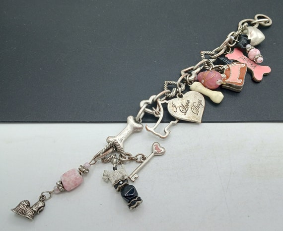 Vintage Dog Charm Bracelet, Bone Heart Key Rhines… - image 6