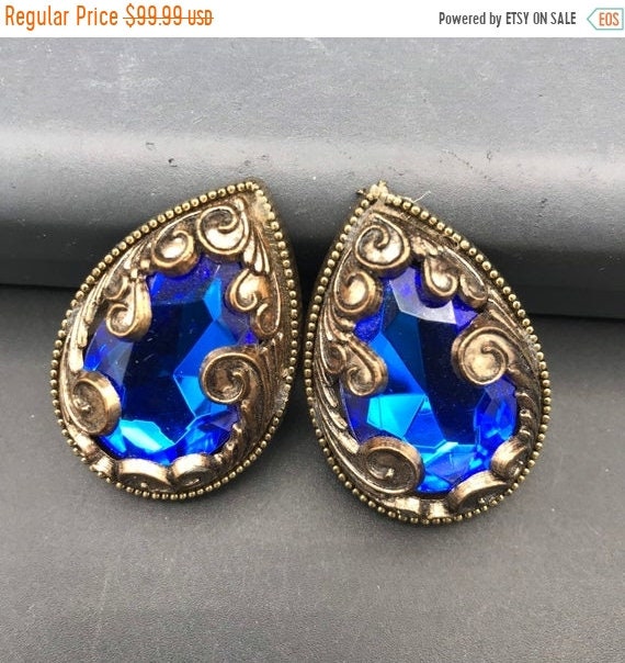 1980s Petite Clip On Earrings Dainty Vintage Clear and Blue Cubic Zirconia Clip Earrings