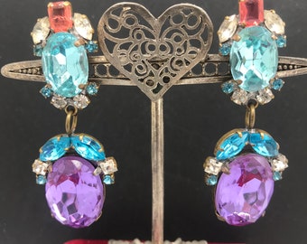 Blue pink rhinestone 1950s Czechoslovakian Dangle drop statement earrings