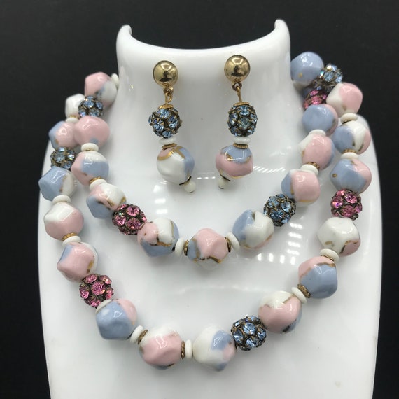 Glass Beaded Jewelry Set,  pink & blue rhinestone… - image 5