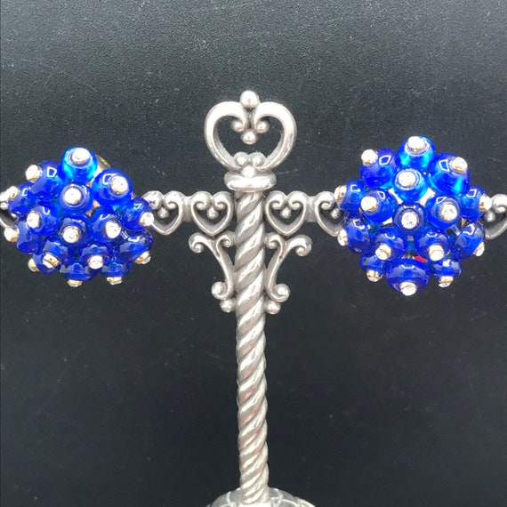 Vintage Blue Glass & Rhinestone Clip on Earrings,… - image 2