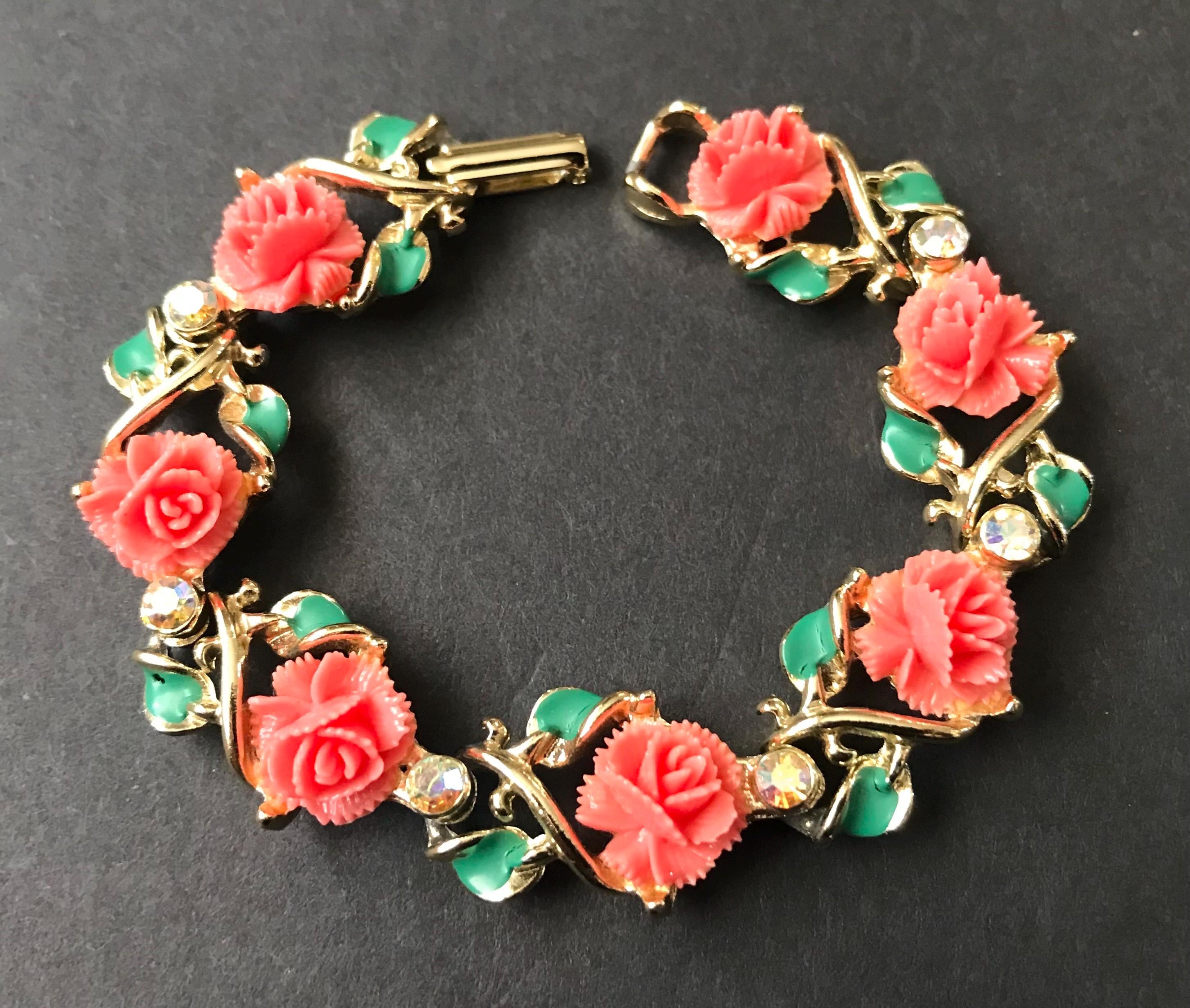 Vtg Costume Gold Tone Red Rhinestone Floral Flower Brooch Jewelry Lot A