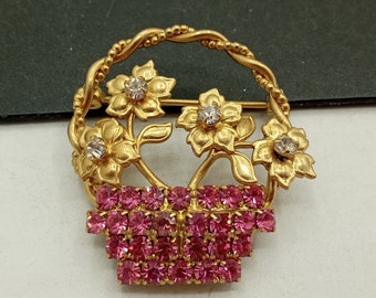 Vintage Pink Rhinestone Flower Basket Brooch Pin New Old Stock 1970's Jewelry Gift