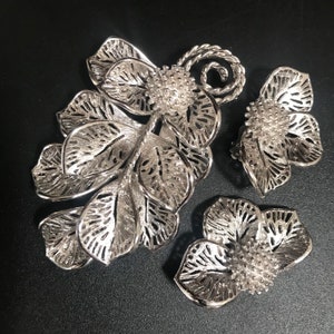 JUDY LEE Jewelry Set Vintage Floral Large brooch earring, designer signed mid-century 50s 60s jewelry