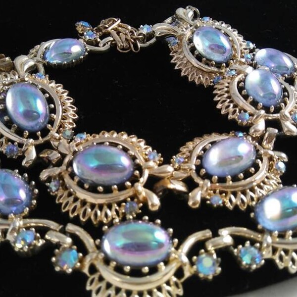Vintage CORO Cabochon & Rhinestone Necklace Bracelet Signed Demi Parure - Mid Century 1950's 1960's Rare Hard To Find Set