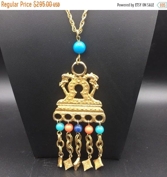 Vintage dragon tassel aqua orange blue beaded stat