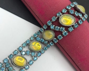 Mid Century Blue Rhinestone Bracelet, Collectible Costume Jewelry, Blue Jewelry