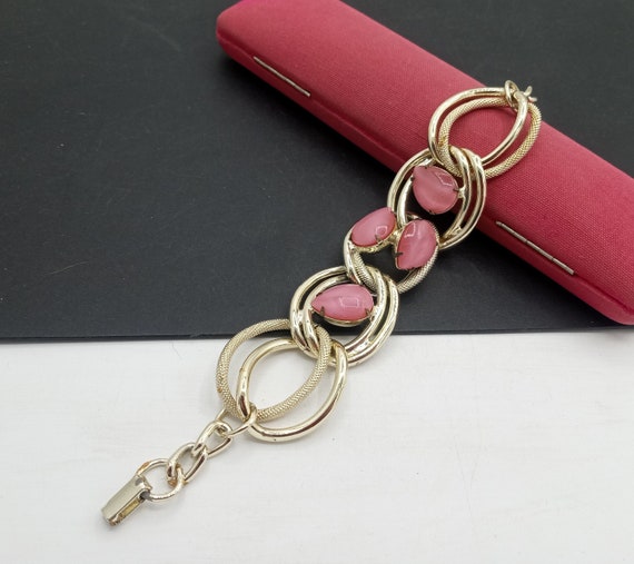 Vintage Pink Glass Chunky Bracelet, 1950's Costum… - image 1