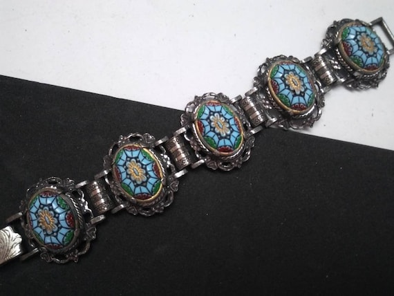 Vintage mosaic chunky bracelet, mid-century high-end collectible jewelry, the blue green silvertone metal bracelet