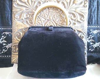 Vintage Black Velvet Clutch Purse, High End Mid Century Rockabilly Glamour Girl Handbag, Designer Signed Ingber Lucite Handle