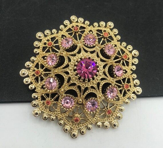 Designer Signed Graziano Vintage Brooch Pink Rhinestone Flower