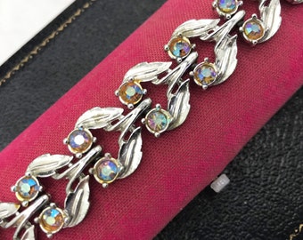 1950s bracelet, blue aurora borealis chunky high end collectible rhinestone bracelet, vintage costume jewelry