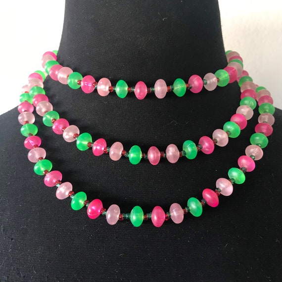 Long necklace, pink green Lucite flapper necklace… - image 7