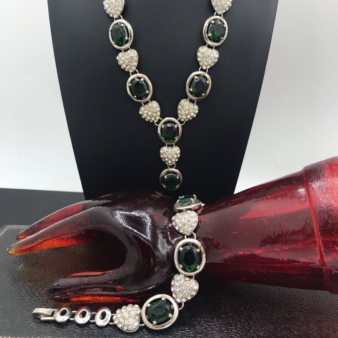 Vintage Jewelry Set, Green & Clear Rhinestone Necklace Earring Set