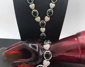 Vintage Jewelry Set, green & clear rhinestone necklace earring set, 1980s collectible, fashion jewelry, Retro Demi Parure