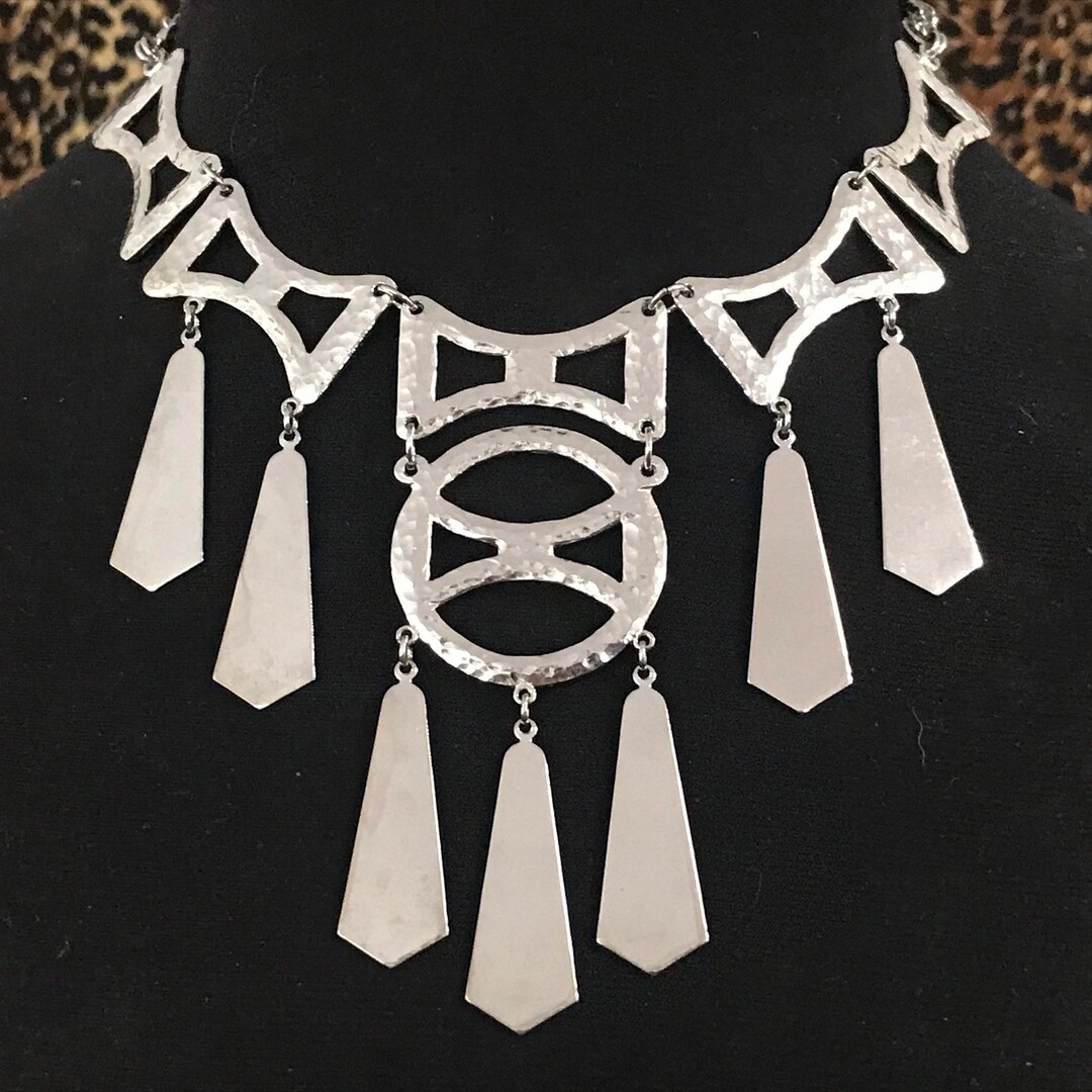 Vintage Statement Necklace, Bib Tassel Fringe Runway Silver Necklace