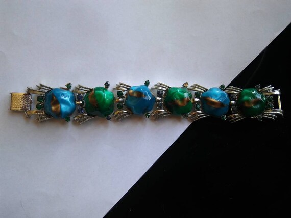 Coro Chunky Aqua Blue Green Bracelet - Designer S… - image 6