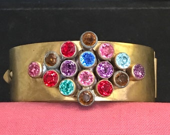 Vintage colorful glass rhinestone & gold tone metal art deco bracelet, collectible antique 1930s 1940s jewelry