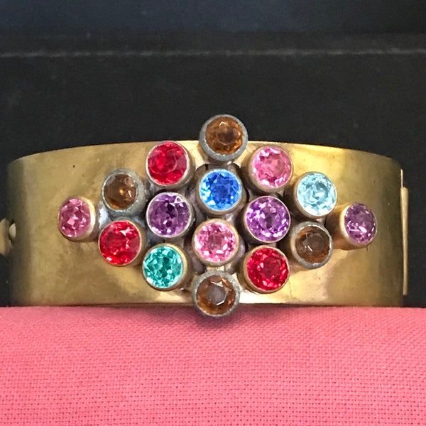 Vintage colorful glass rhinestone & gold tone metal art deco bracelet, collectible antique 1930s 1940s jewelry