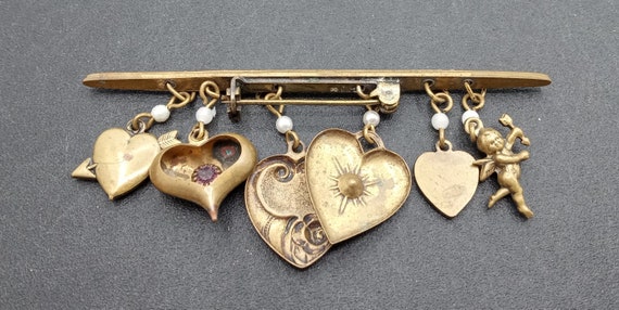 Antique Hearts Cherub Dangle Bar Brooch Pin - image 2