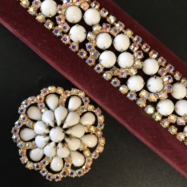 Rare Vintage Parure Pink Aurora Borealis & Milk Glass Rhinestone Designer 1950's High End Old Hollywood Glam Jewelry Bracelet Brooch shops Set