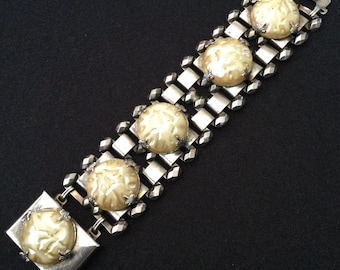 Vintage Chunky Silvertone Faux Pearl Statement Wide Bracelet, 1950's 1960's Jewelry