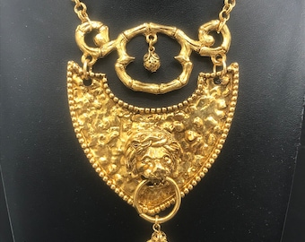 Vintage lion door knocker statement pendant necklace, couture fashion matte gold jewelry, gift for jewelry lover, vintage present