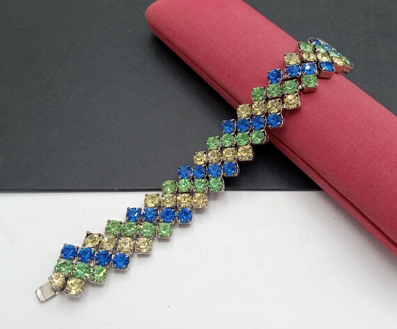 Vintage Blue & Green Rhinestone Bracelet New Old … - image 2