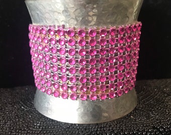 Wide Cuff Bracelet Silver Tone Metal & Lucite Pink Rhinestones Handmade by Me