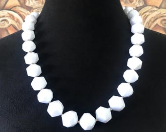 Hong Kong Signed Vintage Chunky White Lucite Beaded Necklace, 1950's 1960's Jewelry