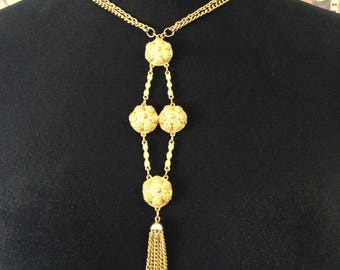 Lisner Vintage Long 2 Strand Goldtone Statement Tassel Pendant Necklace, 1950's 1960's Jewelry
