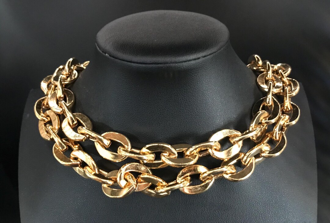 Vintage 2 Strand Gold Tone Chunky Chain Necklace, 1980's 1990's Jewelry ...