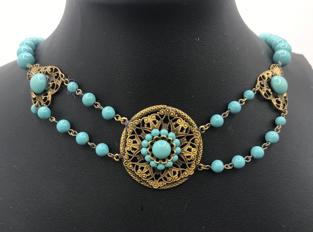 Stunning Aqua Blue Antique Necklace, Art Deco Vintage Jewelry, 1920's