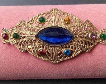 Vintage Rhinestone Colorful Art Deco Brooch, 1930's 1940's Jewelry