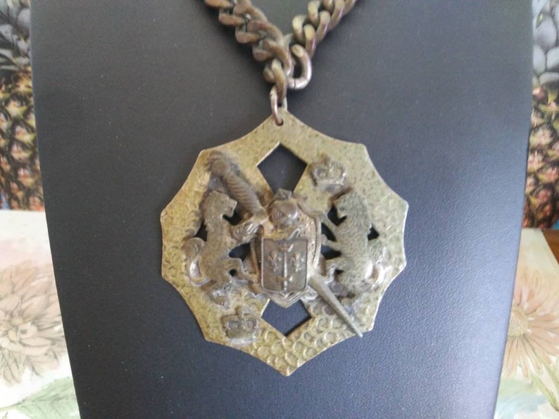 Vintage lion Shield Crown fleur de lis knight sword heraldic pendant necklace distressed steampunk grunge style jewelry
