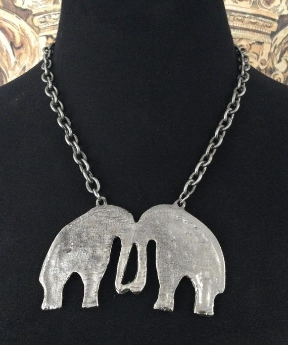 Vintage Statement Silvertone Double Elephant Pend… - image 2
