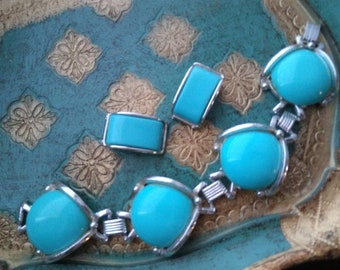 Vintage Aqua lucite jewelry set, chunky bracelet earrings 1950s 1960s accessories