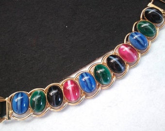 Pretty maroon blue green black glass stone gold tone chunky bracelet, 1960s 1970s jewelry