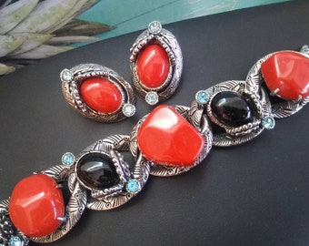 1950s 1960s Selro Jewelry Set, blue rhinestone red & black cabochons, chunky bracelet earring set, mid-century collectible, vintage gift