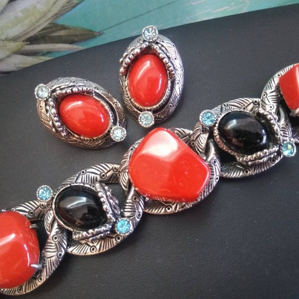 1950s 1960s Selro Jewelry Set, blue rhinestone red & black cabochons, chunky bracelet earring set, mid-century collectible, vintage gift