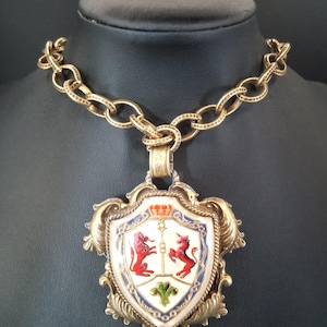 Vintage High End Thick Glass Coat Of Arms Lion Heraldic Pendant Necklace, 1950&#39;s 1960&#39;s Jewelry. Vintage Gift for Jewelry Lover