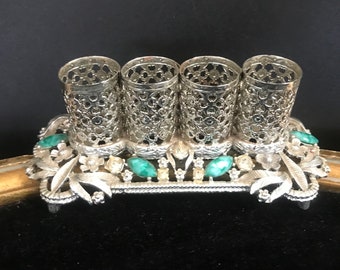 SF Signed Sam Fink Vintage Rhinestone & Faux Jade Lipstick Holder, 1960's Gold Filigree Hollywood Regency Mid Century Home Decor Collectible