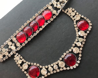 1950s high end red clear rhinestone necklace bracelet costume gripoix mogul jewelry set