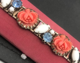 Coral Celluloid Bracelet, Blue Rhinestone & White Milk Glass, Vintage Bracelet, Flower Jewelry, Floral Bracelet, 50s 60s Bracelet